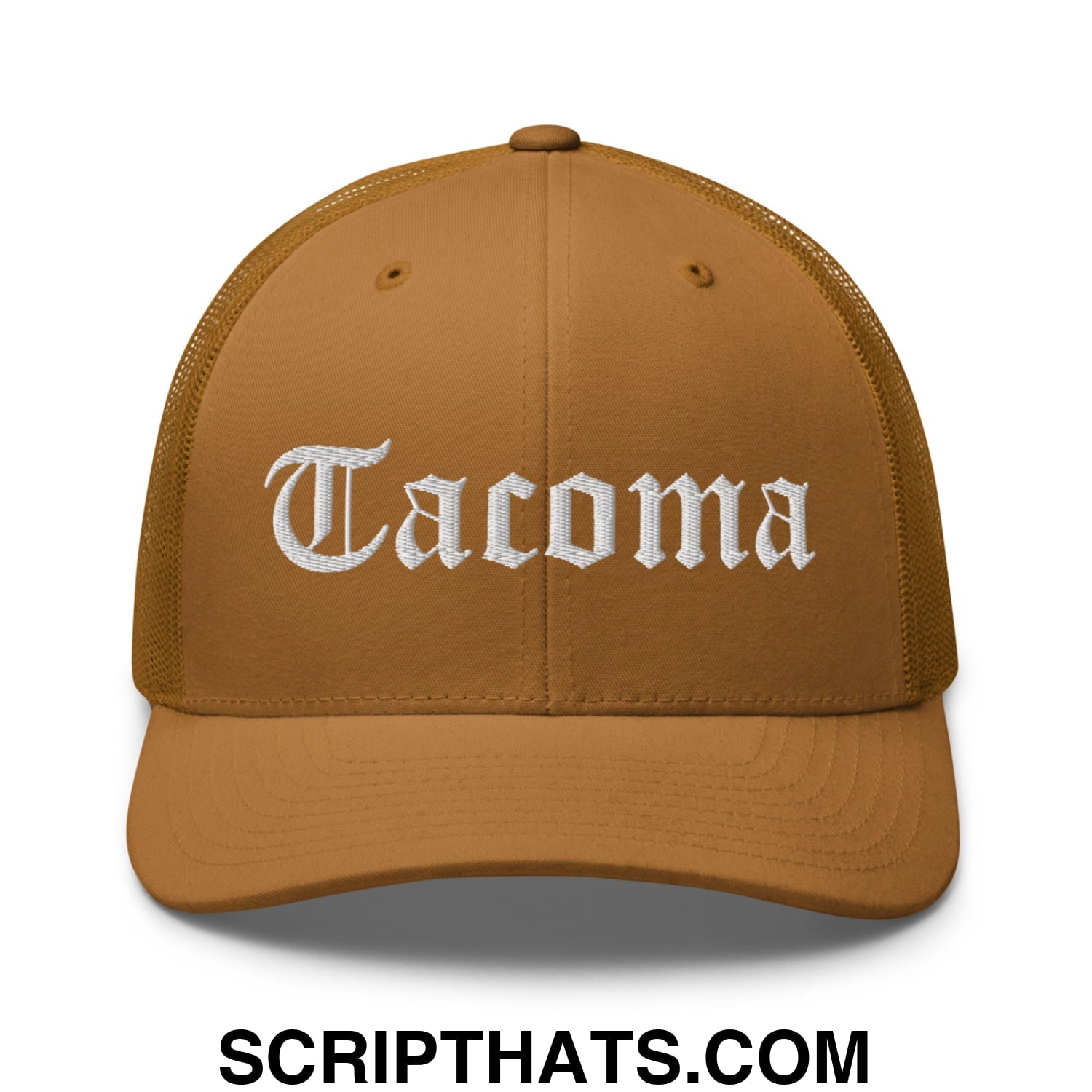 Tacoma Old English Embroidered Mesh Trucker Hat Caramel