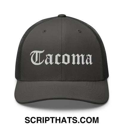 Tacoma Old English Embroidered Mesh Trucker Hat Charcoal