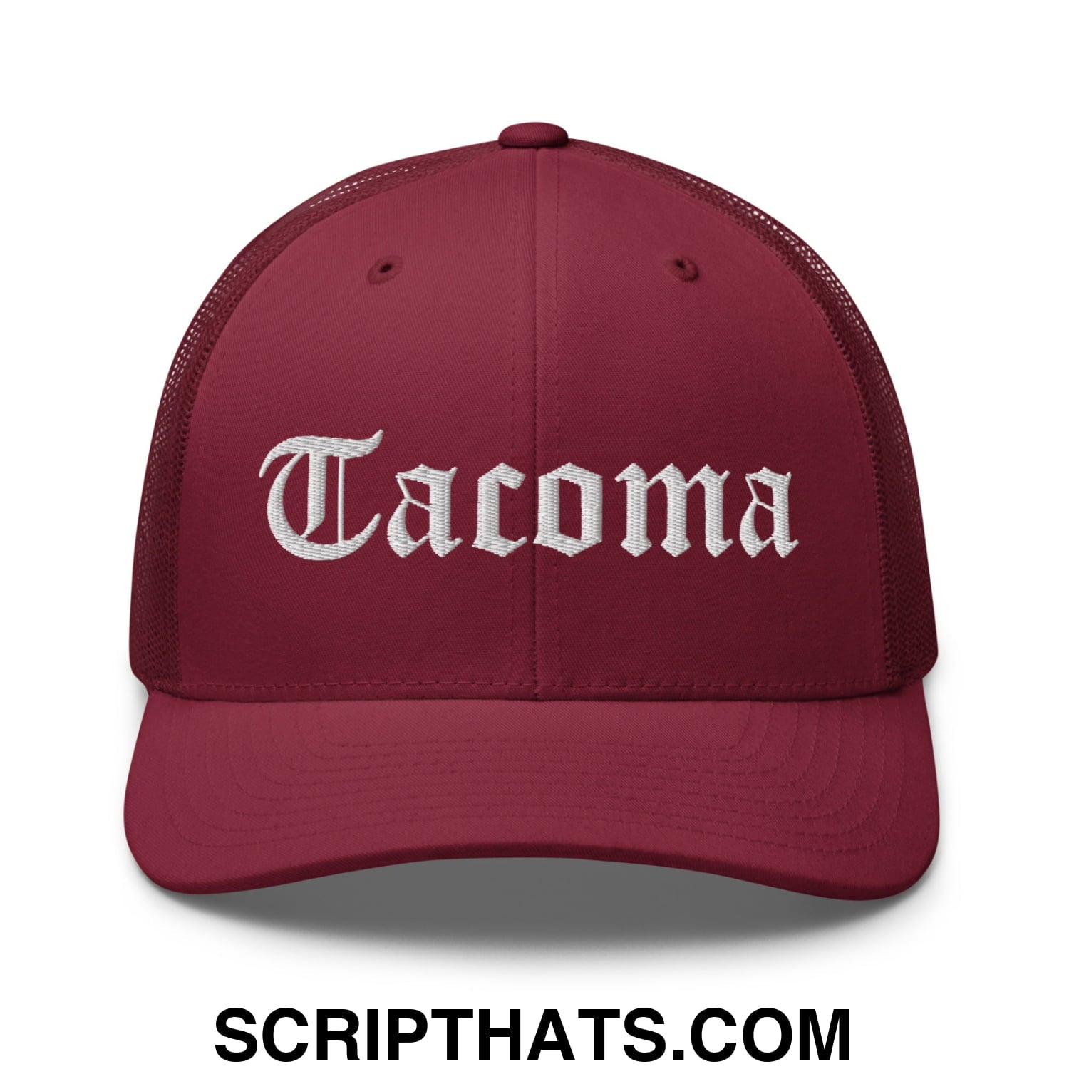 Tacoma Old English Embroidered Mesh Trucker Hat Cranberry