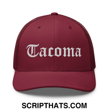 Tacoma Old English Embroidered Mesh Trucker Hat Cranberry