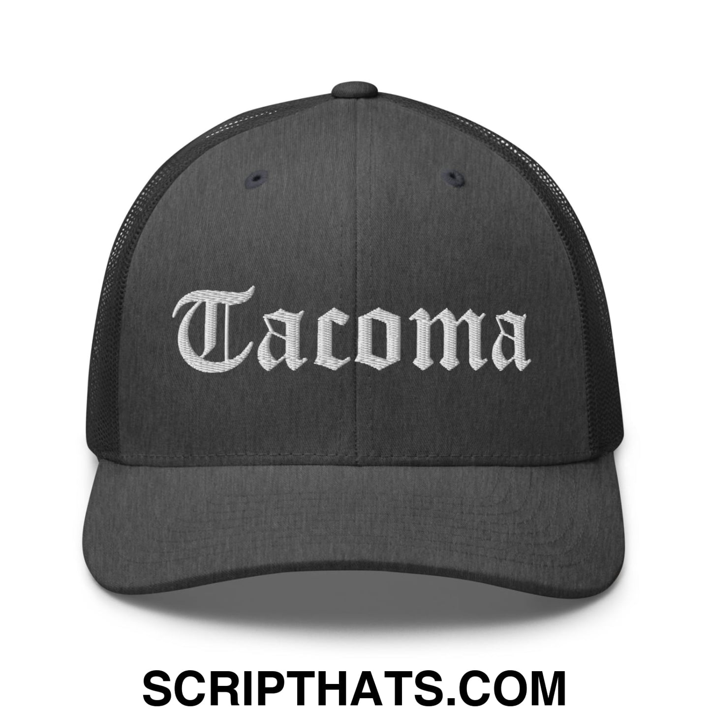 Tacoma Old English Embroidered Mesh Trucker Hat Dark Heather Gray