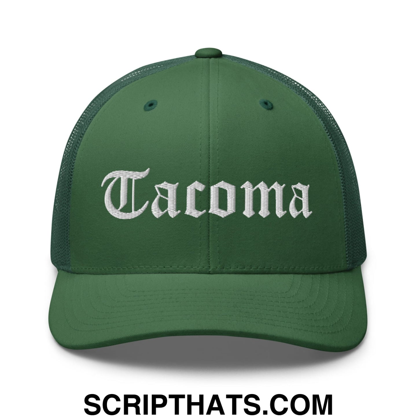 Tacoma Old English Embroidered Mesh Trucker Hat Evergreen