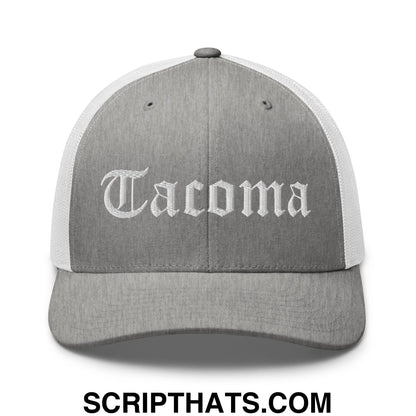 Tacoma Old English Embroidered Mesh Trucker Hat Heather Grey White