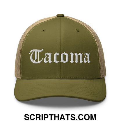 Tacoma Old English Embroidered Mesh Trucker Hat Moss Khaki