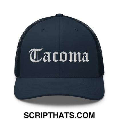 Tacoma Old English Embroidered Mesh Trucker Hat Navy