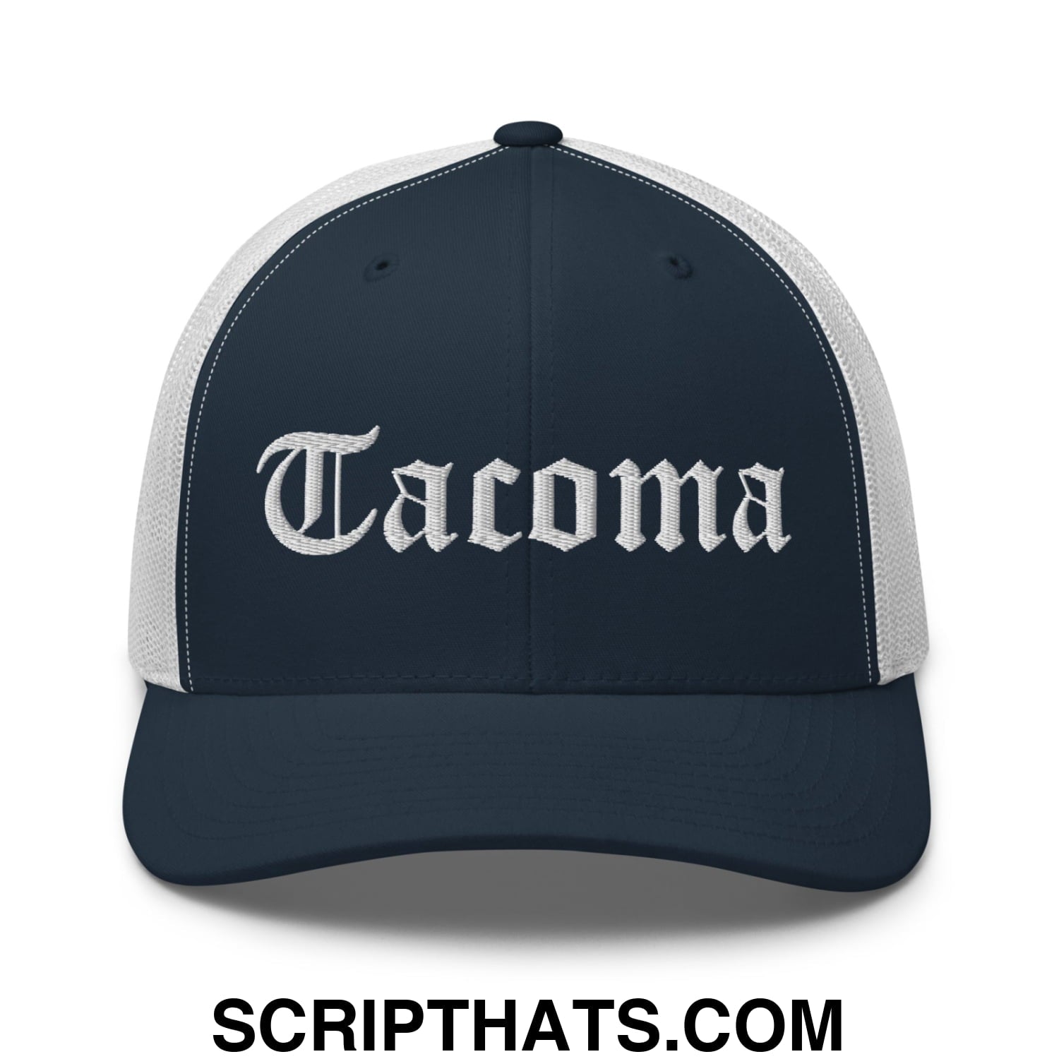 Tacoma Old English Embroidered Mesh Trucker Hat Navy White