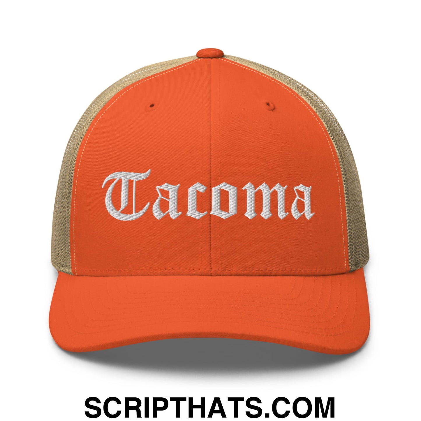 Tacoma Old English Embroidered Mesh Trucker Hat Rustic Orange Khaki