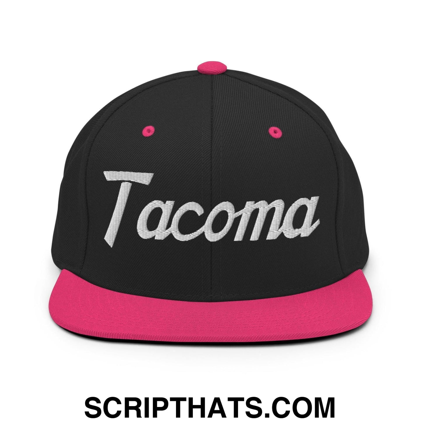 Tacoma Script Snapback Hat Black Neon Pink