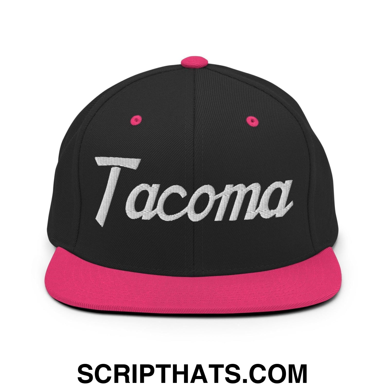 Tacoma Script Snapback Hat Black Neon Pink
