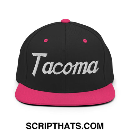 Tacoma Script Snapback Hat Black Neon Pink