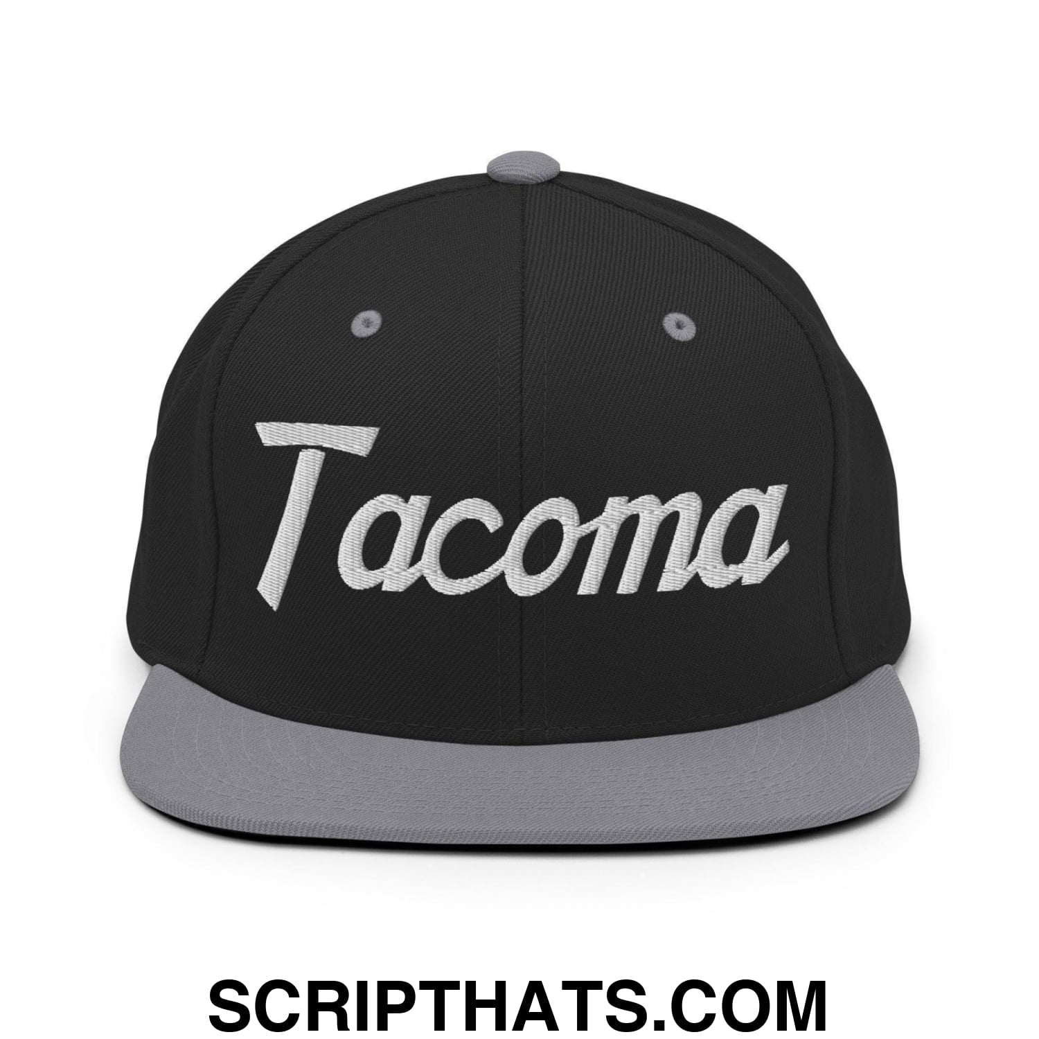 Tacoma Script Snapback Hat Black Silver