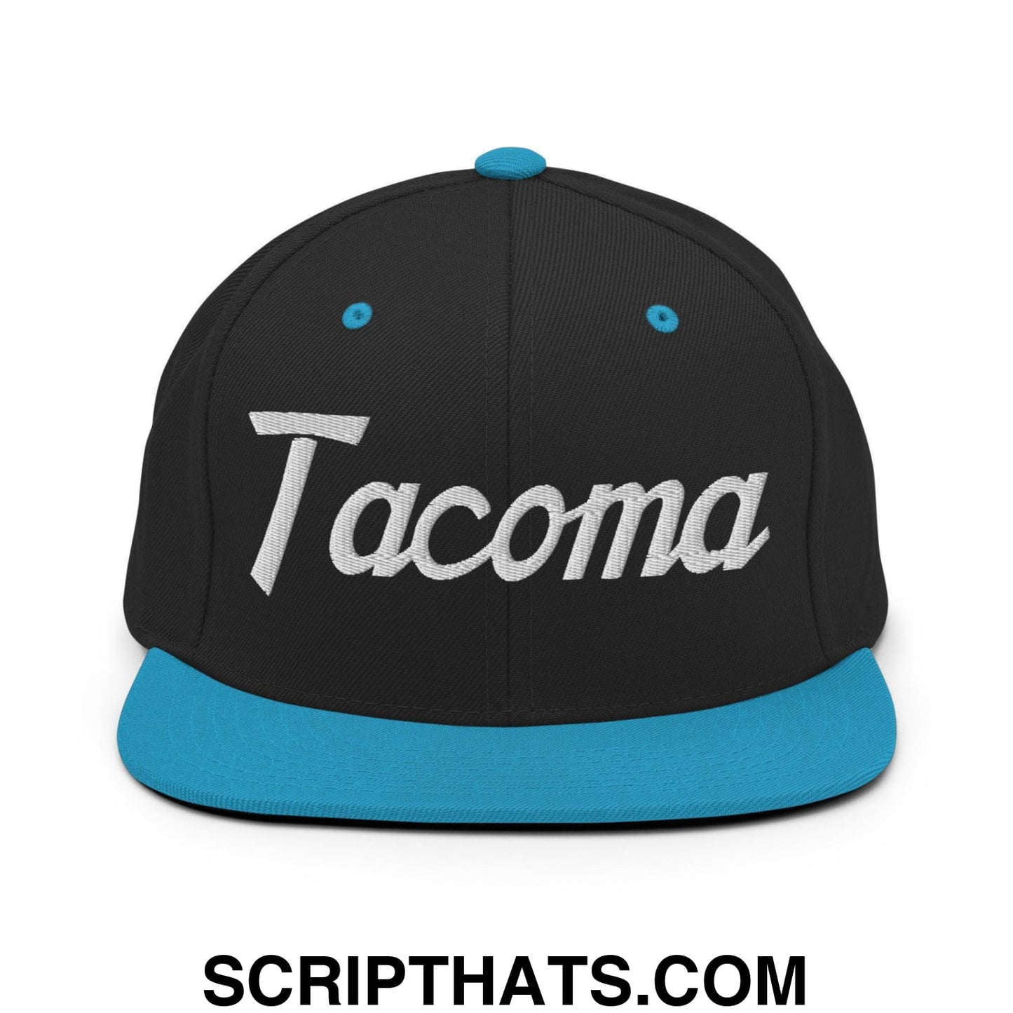 Tacoma Script Snapback Hat Black Teal
