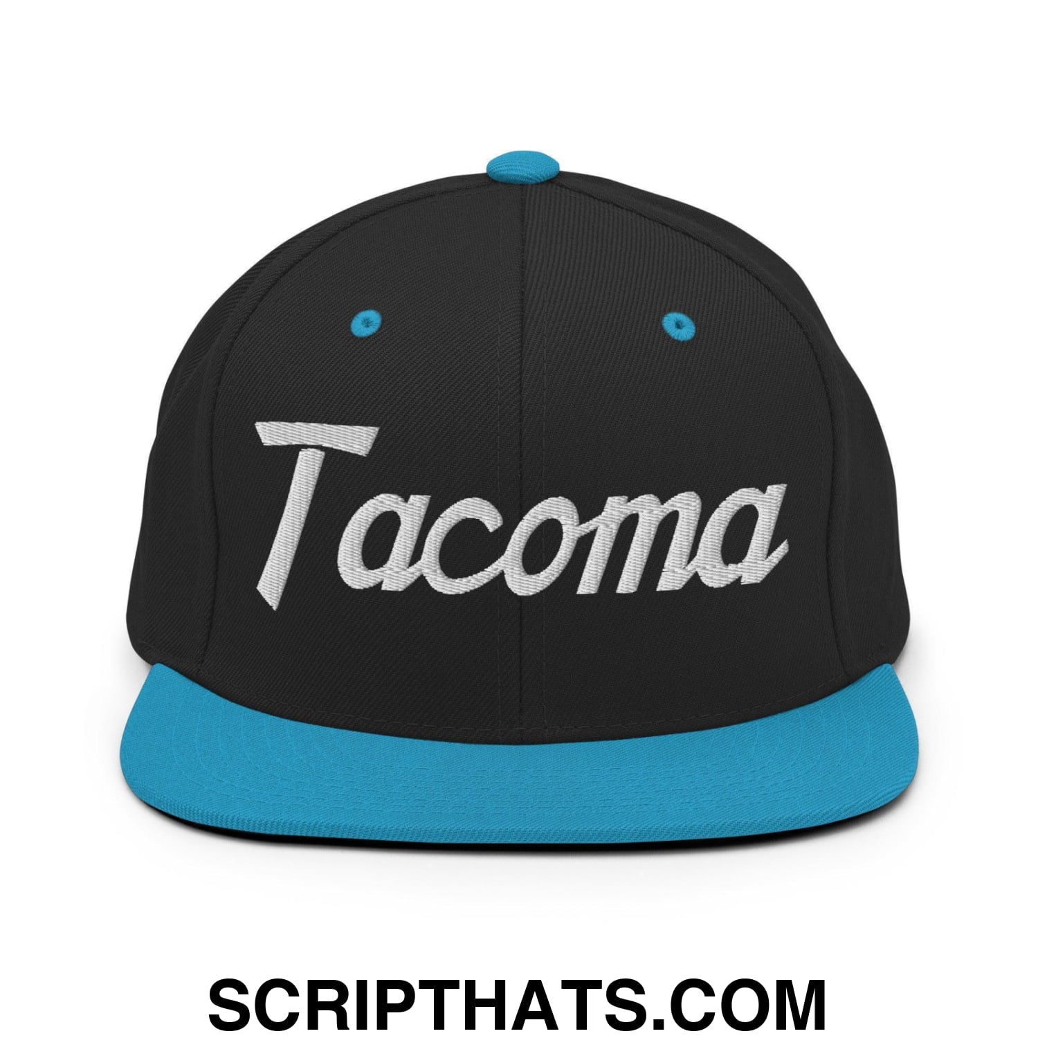 Tacoma Script Snapback Hat Black Teal