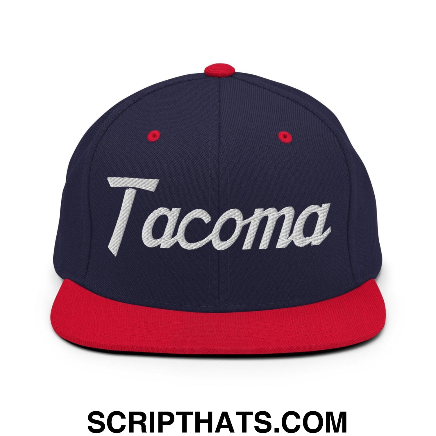 Tacoma Script Snapback Hat Navy Red