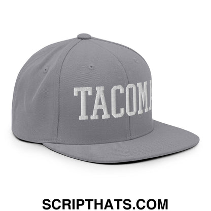 Tacoma Varisty College Block Embroidered Flat Bill Brim Snapback Hat Silver