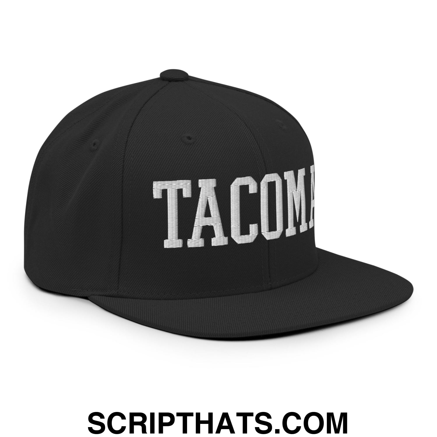 Tacoma Varisty College Block Embroidered Flat Bill Brim Snapback Hat Black