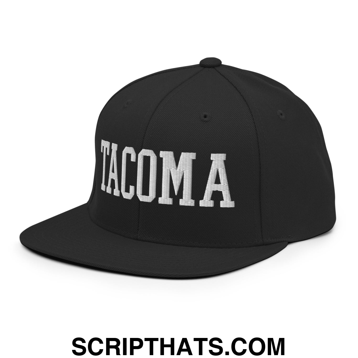 Tacoma Varisty College Block Embroidered Flat Bill Brim Snapback Hat Black