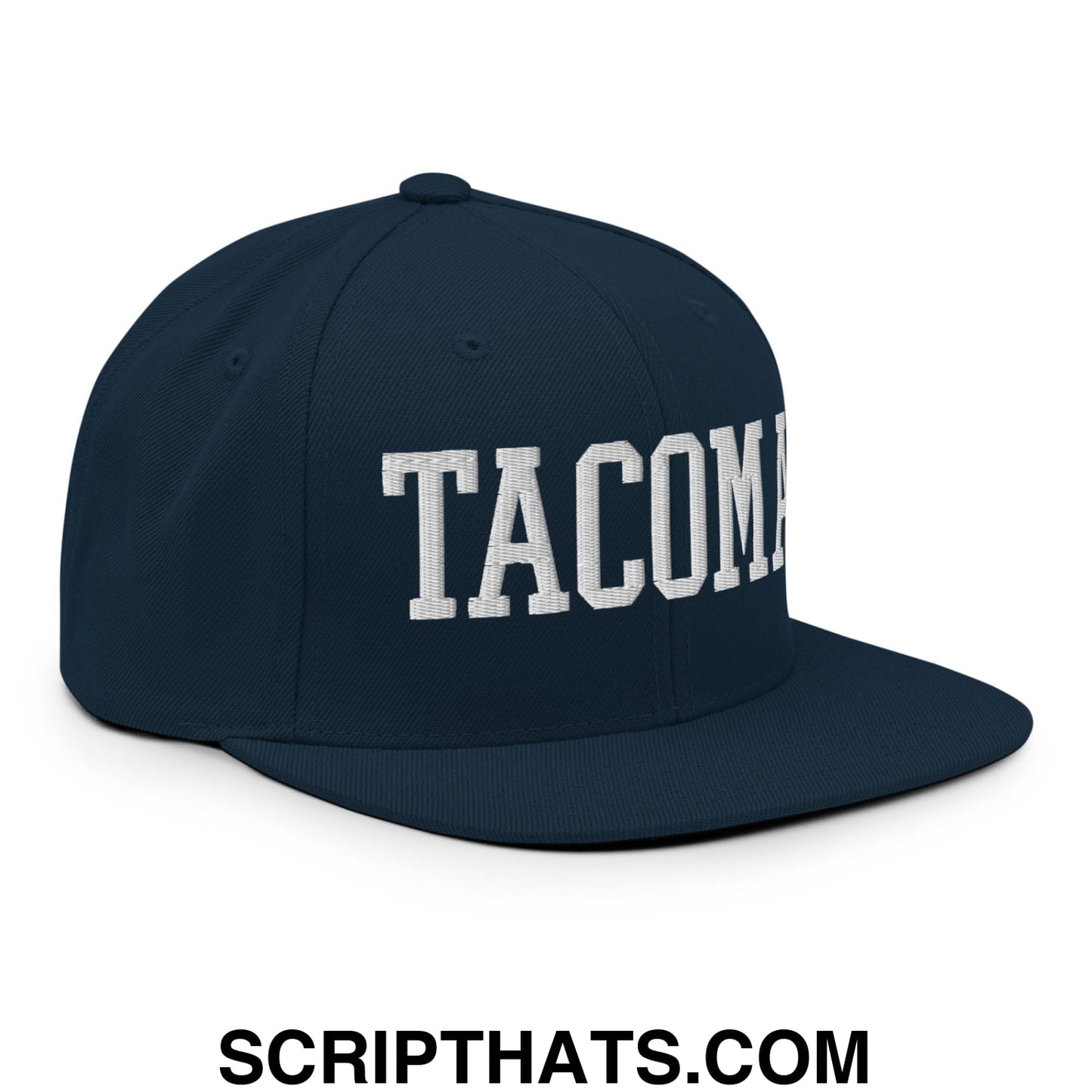Tacoma Varisty College Block Embroidered Flat Bill Brim Snapback Hat Dark Navy