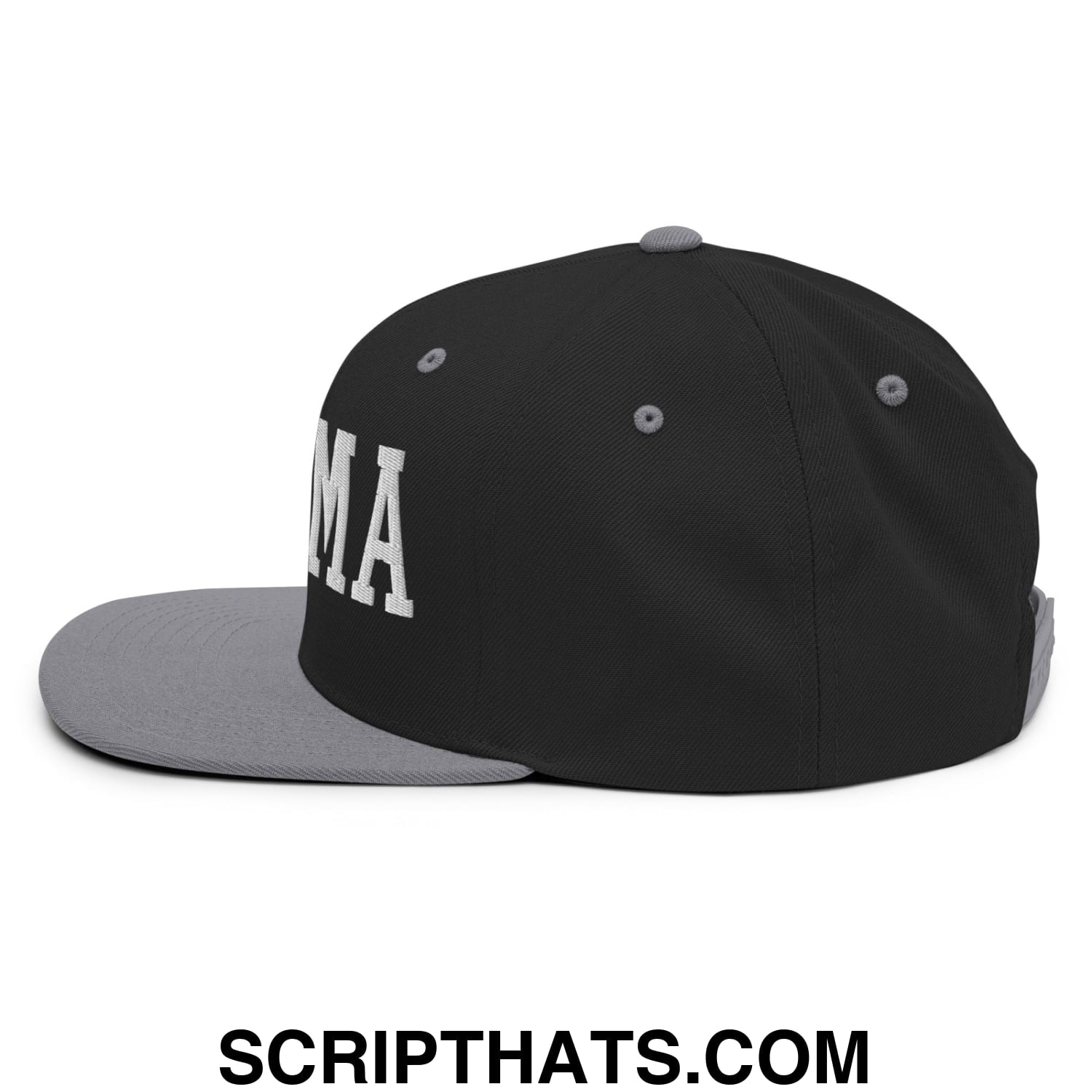 Tacoma Varisty College Block Embroidered Flat Bill Brim Snapback Hat Black Silver