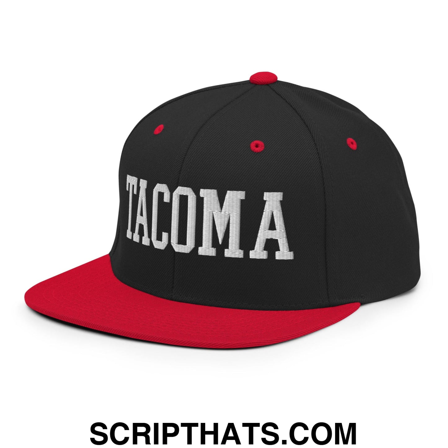 Tacoma Varisty College Block Embroidered Flat Bill Brim Snapback Hat Black Red