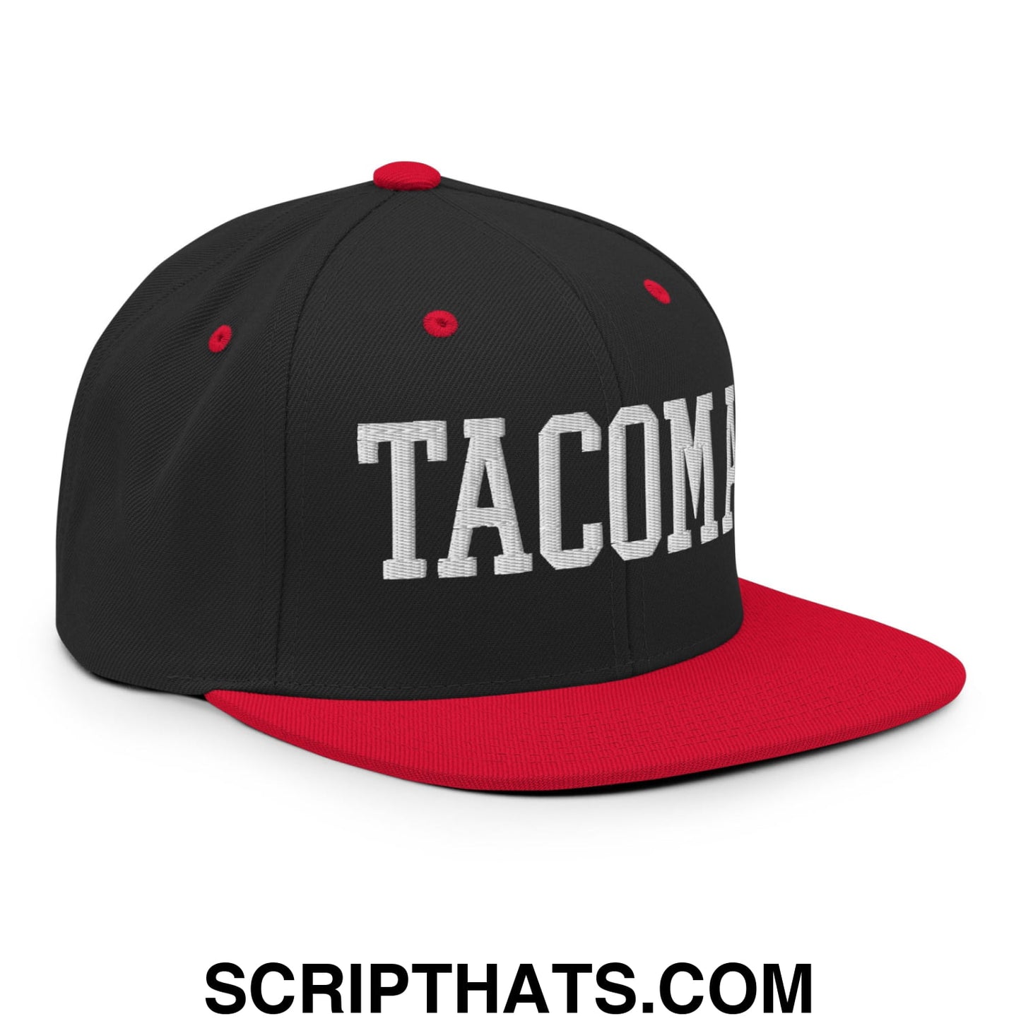 Tacoma Varisty College Block Embroidered Flat Bill Brim Snapback Hat Black Red