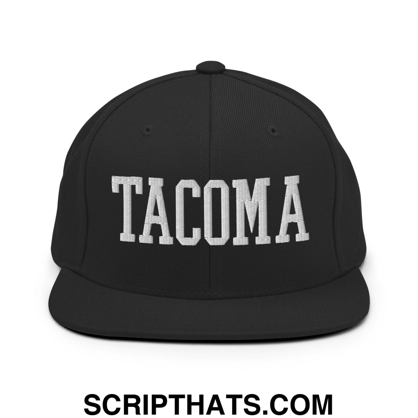 Tacoma Varisty College Block Embroidered Flat Bill Brim Snapback Hat Black