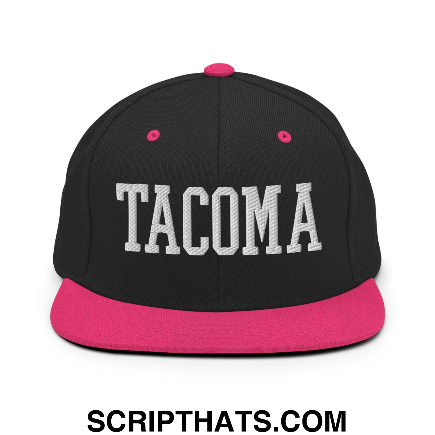 Tacoma Varisty College Block Embroidered Flat Bill Brim Snapback Hat Black Neon Pink