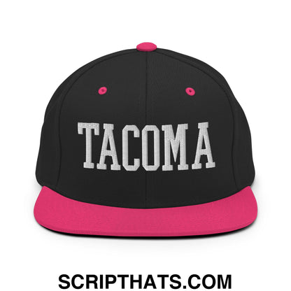 Tacoma Varisty College Block Embroidered Flat Bill Brim Snapback Hat Black Neon Pink