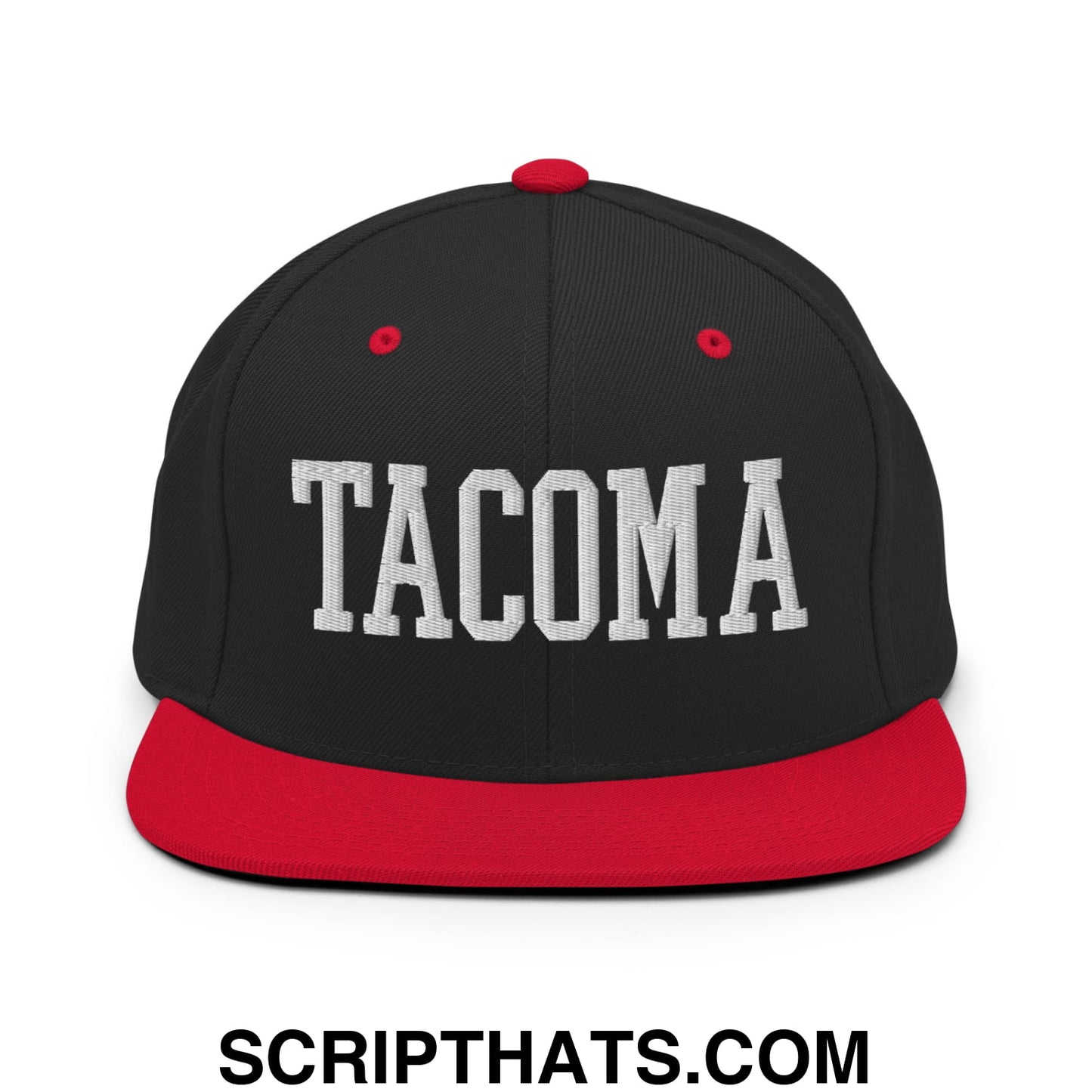 Tacoma Varisty College Block Embroidered Flat Bill Brim Snapback Hat Black Red