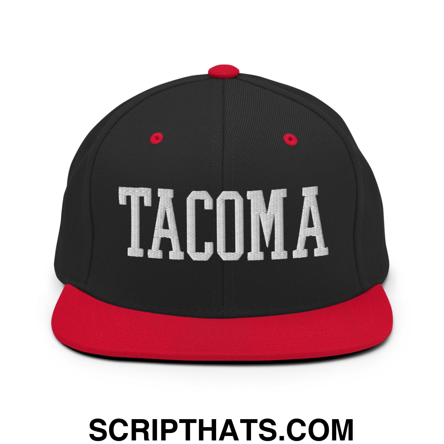 Tacoma Varisty College Block Embroidered Flat Bill Brim Snapback Hat Black Red