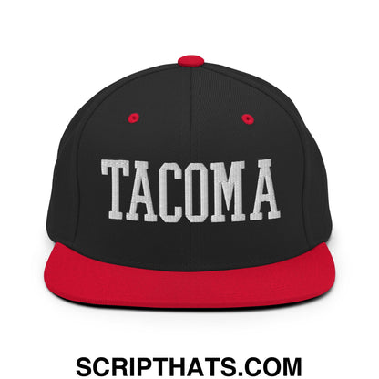 Tacoma Varisty College Block Embroidered Flat Bill Brim Snapback Hat Black Red
