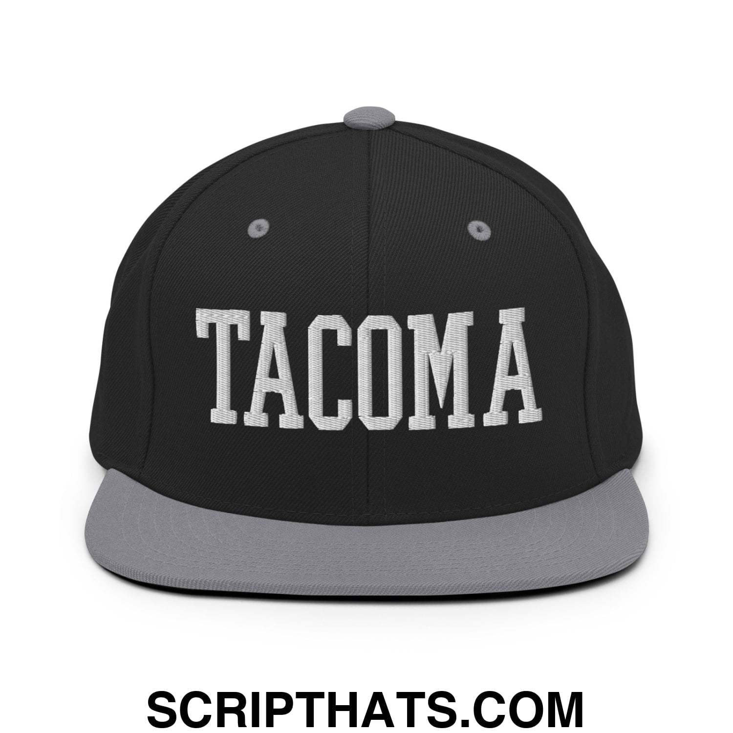 Tacoma Varisty College Block Embroidered Flat Bill Brim Snapback Hat Black Silver