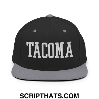 Tacoma Varisty College Block Embroidered Flat Bill Brim Snapback Hat Black Silver
