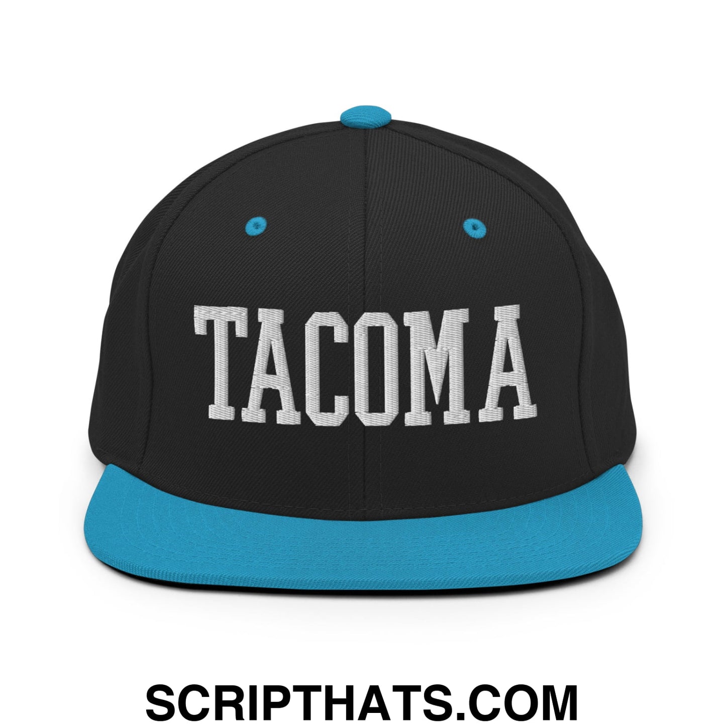 Tacoma Varisty College Block Embroidered Flat Bill Brim Snapback Hat Black Teal