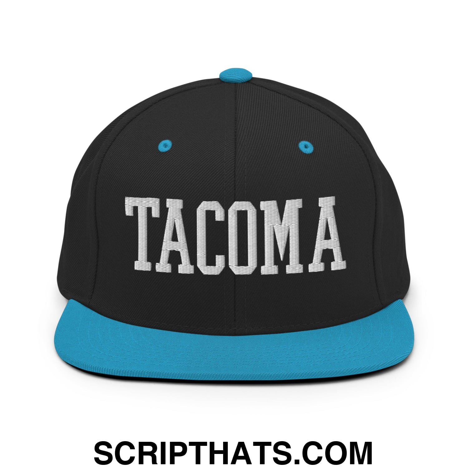Tacoma Varisty College Block Embroidered Flat Bill Brim Snapback Hat Black Teal