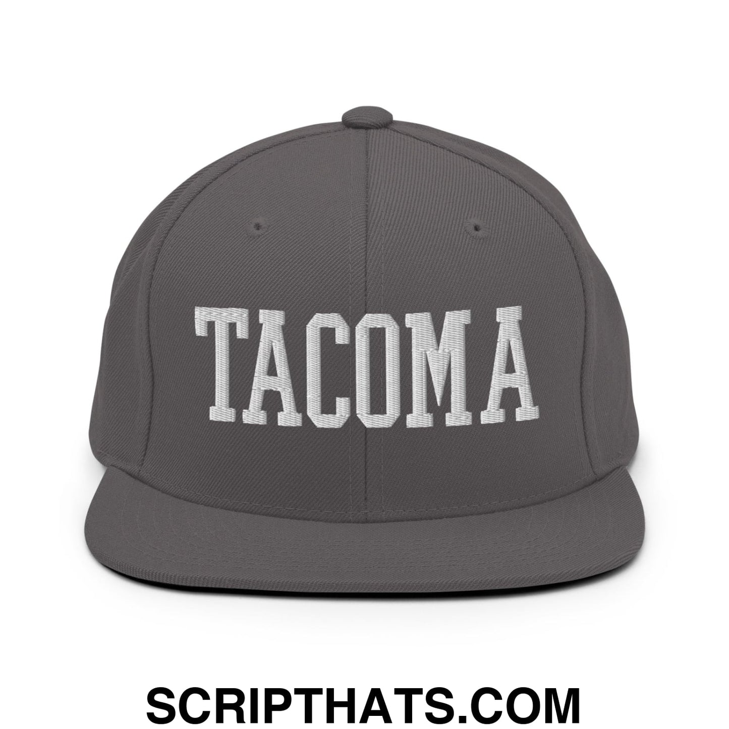 Tacoma Varisty College Block Embroidered Flat Bill Brim Snapback Hat Dark Grey