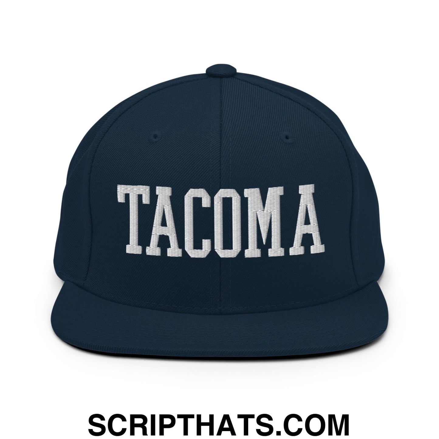 Tacoma Varisty College Block Embroidered Flat Bill Brim Snapback Hat Dark Navy