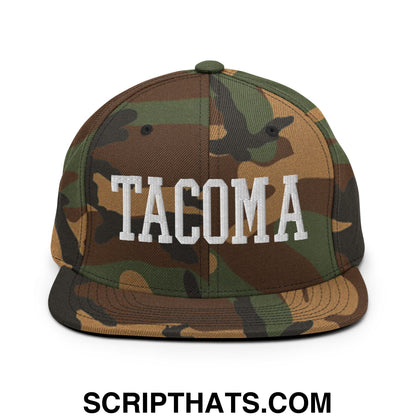 Tacoma Varisty College Block Embroidered Flat Bill Brim Snapback Hat Green Camo