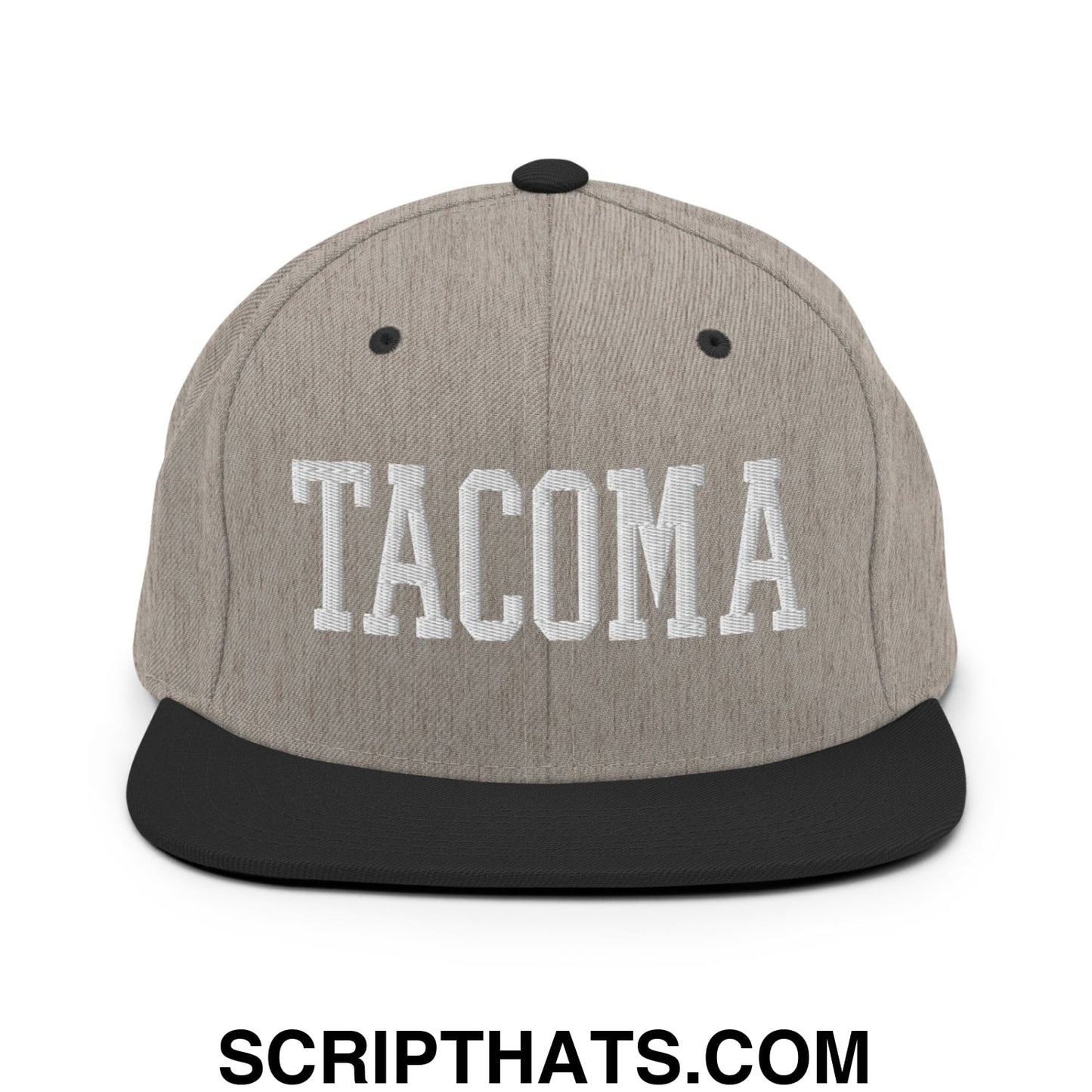 Tacoma Varisty College Block Embroidered Flat Bill Brim Snapback Hat Heather Black