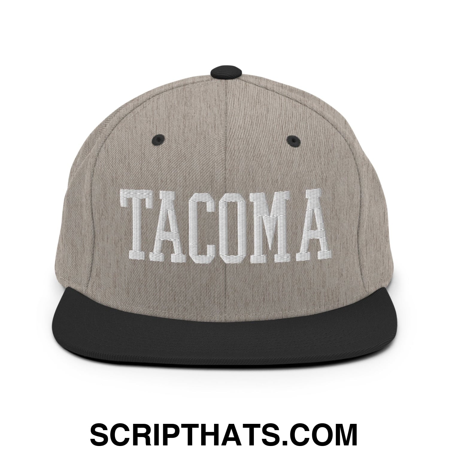 Tacoma Varisty College Block Embroidered Flat Bill Brim Snapback Hat Heather Black