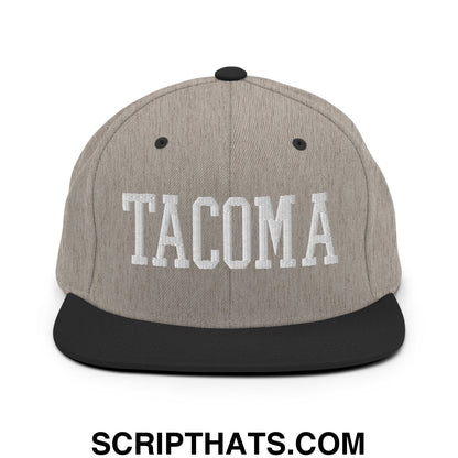 Tacoma Varisty College Block Embroidered Flat Bill Brim Snapback Hat Heather Black