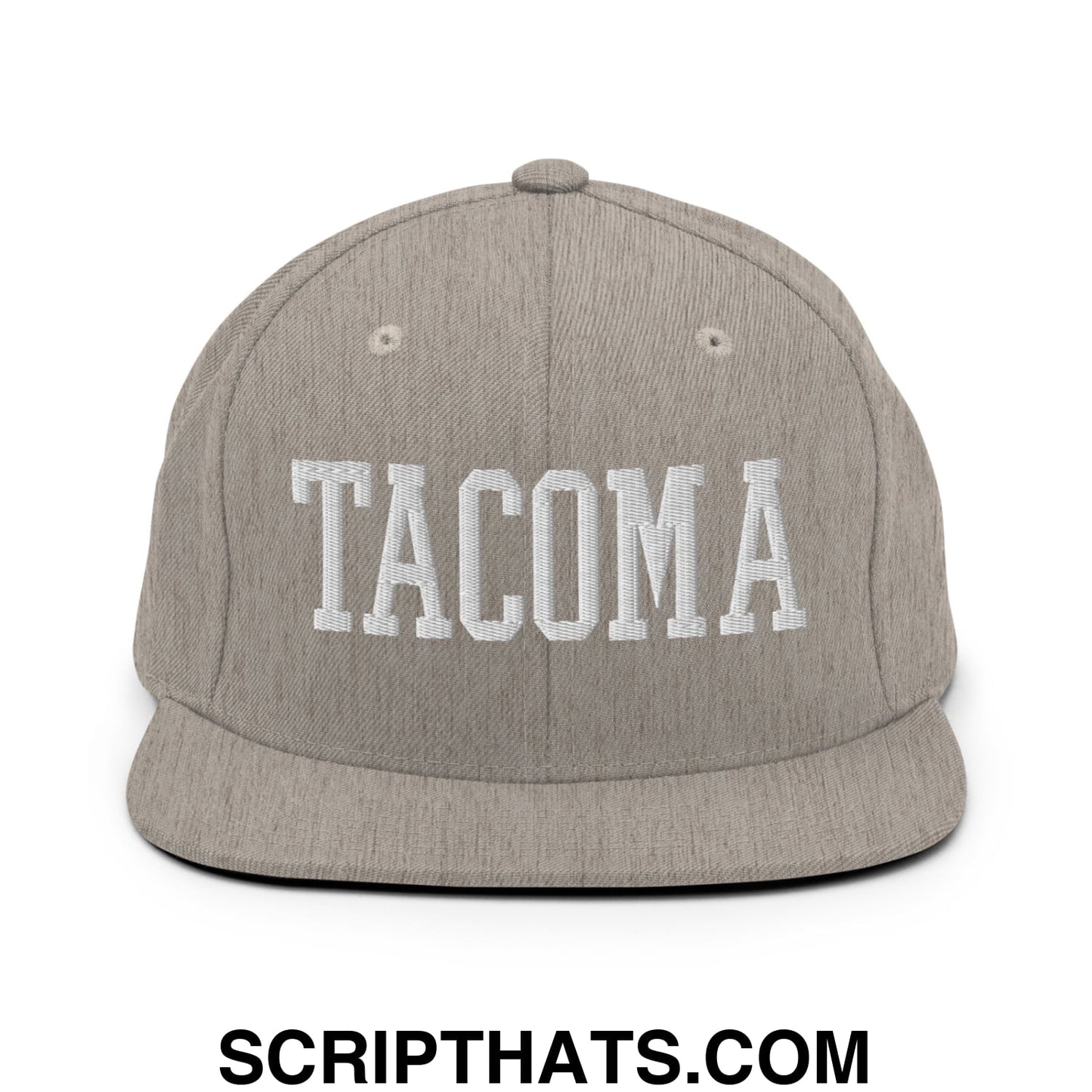 Tacoma Varisty College Block Embroidered Flat Bill Brim Snapback Hat Heather Grey