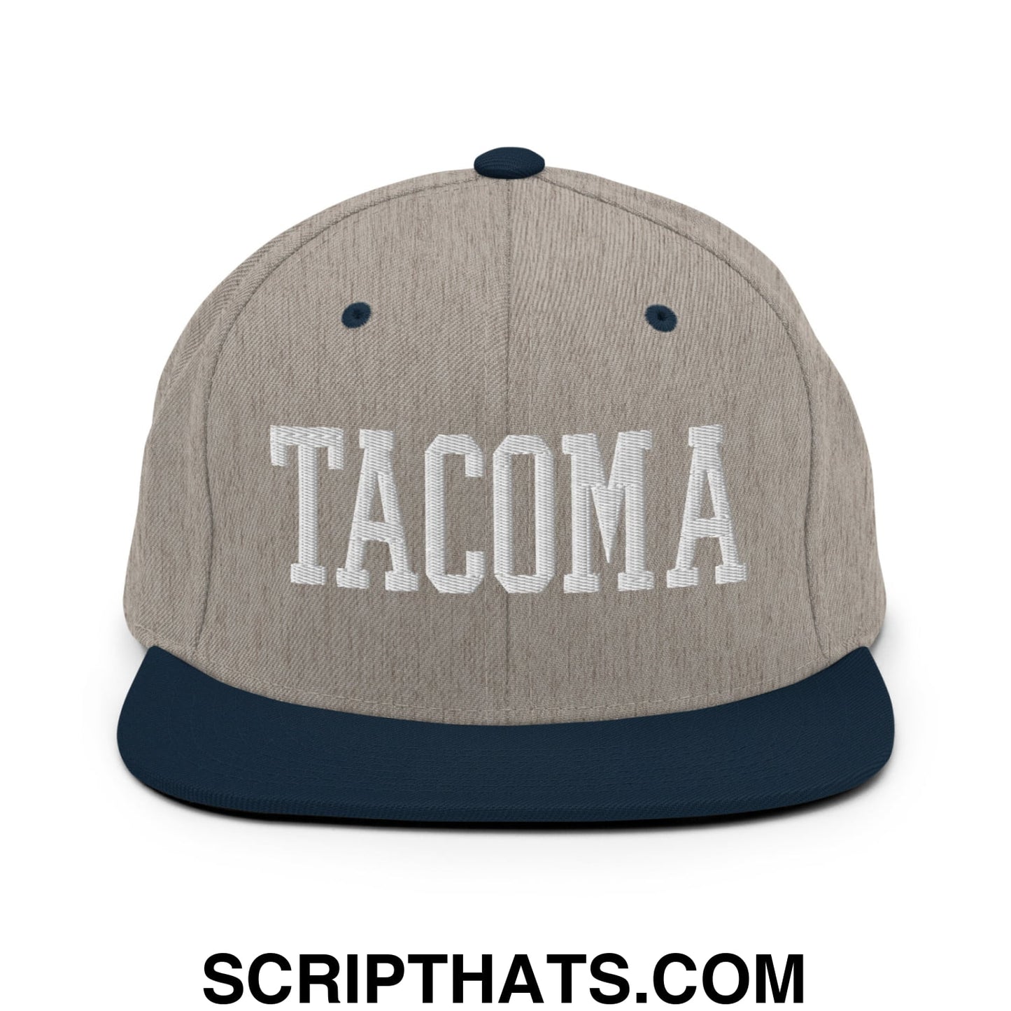 Tacoma Varisty College Block Embroidered Flat Bill Brim Snapback Hat Heather Grey Navy