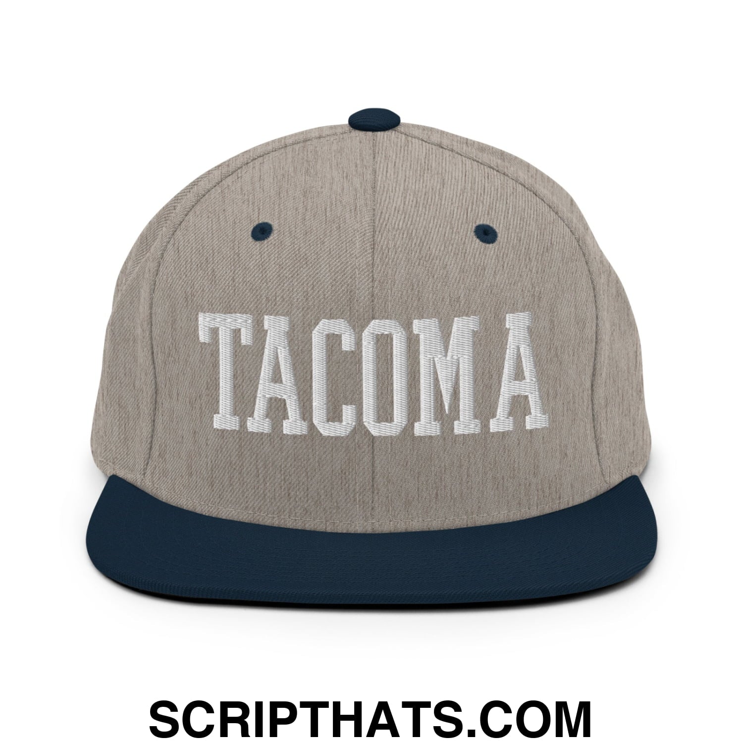 Tacoma Varisty College Block Embroidered Flat Bill Brim Snapback Hat Heather Grey Navy