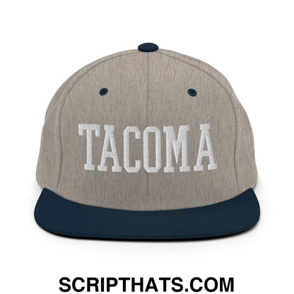 Tacoma Varisty College Block Embroidered Flat Bill Brim Snapback Hat Heather Grey Navy