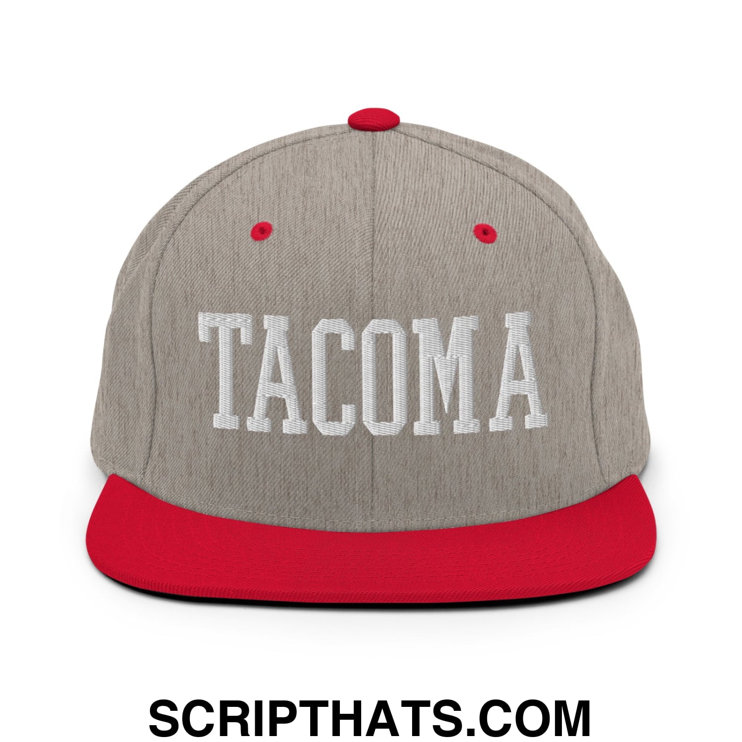 Tacoma Varisty College Block Embroidered Flat Bill Brim Snapback Hat Heather Grey Red