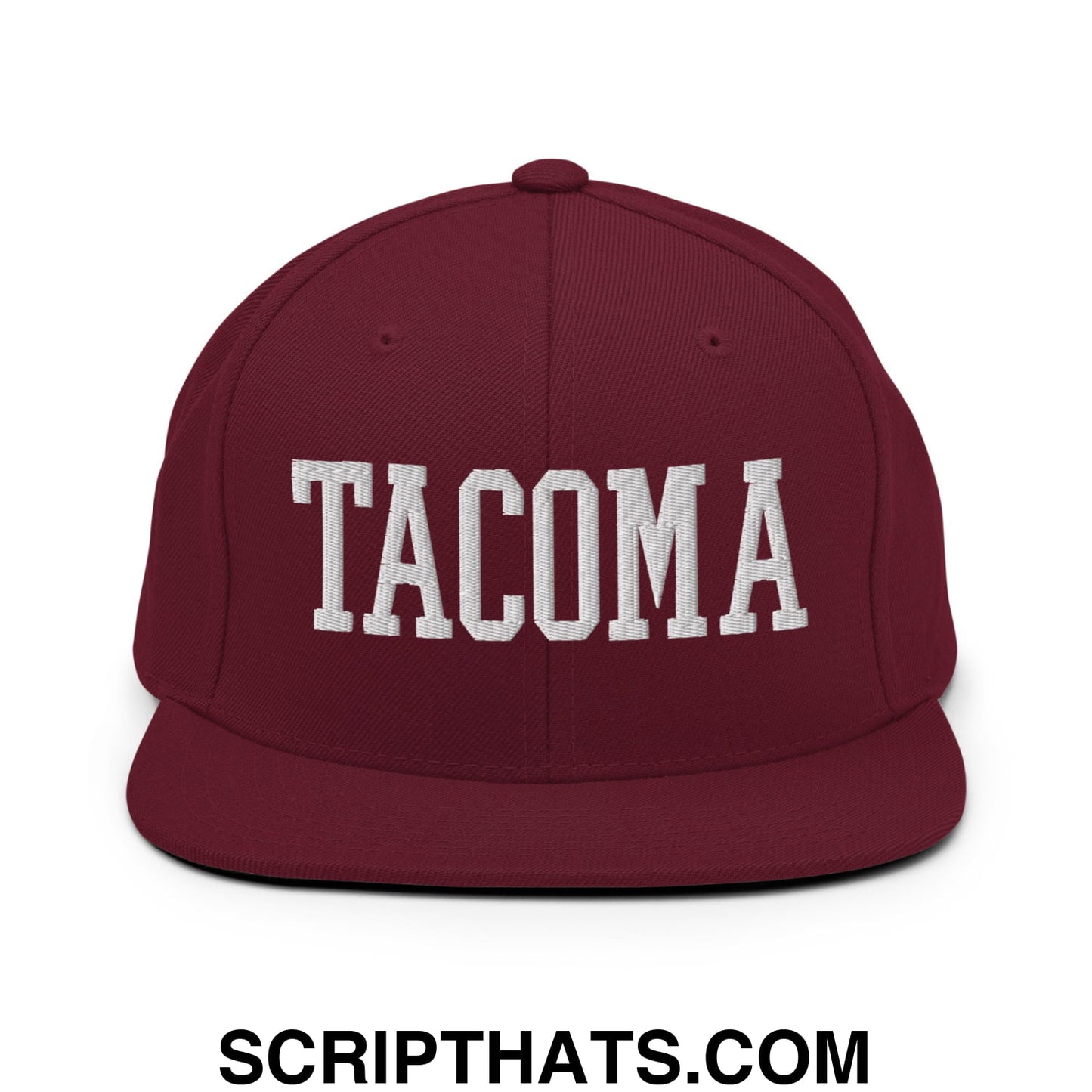 Tacoma Varisty College Block Embroidered Flat Bill Brim Snapback Hat Maroon