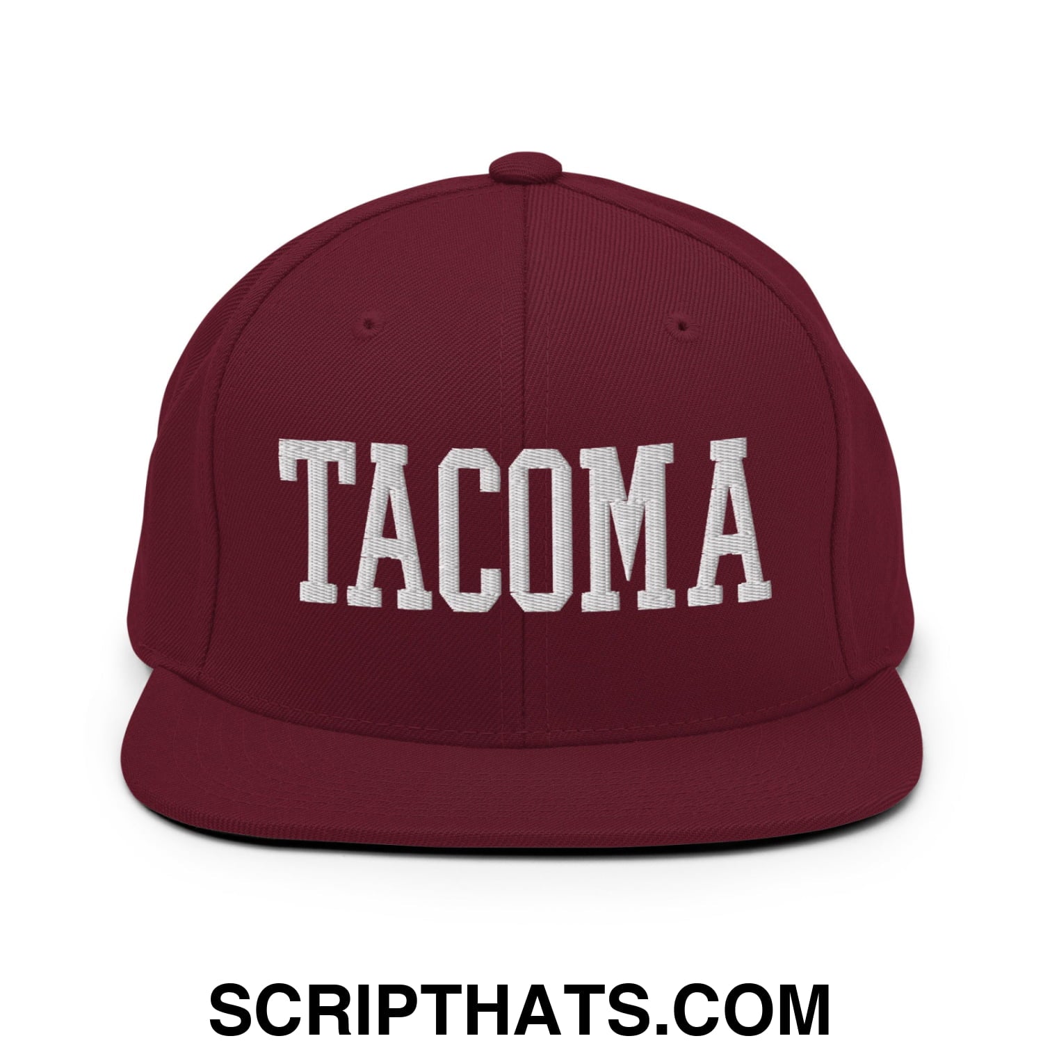 Tacoma Varisty College Block Embroidered Flat Bill Brim Snapback Hat Maroon