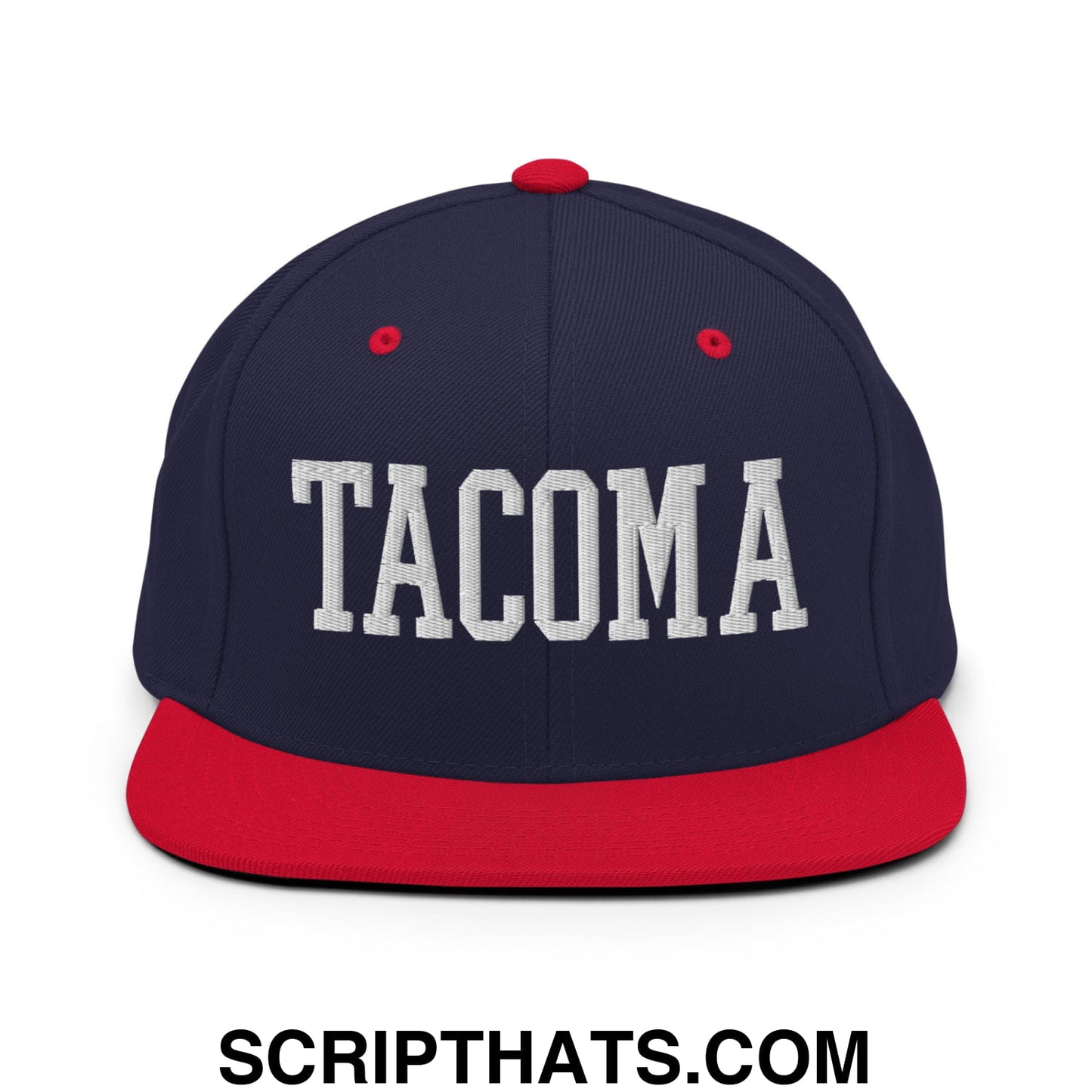Tacoma Varisty College Block Embroidered Flat Bill Brim Snapback Hat Navy Red
