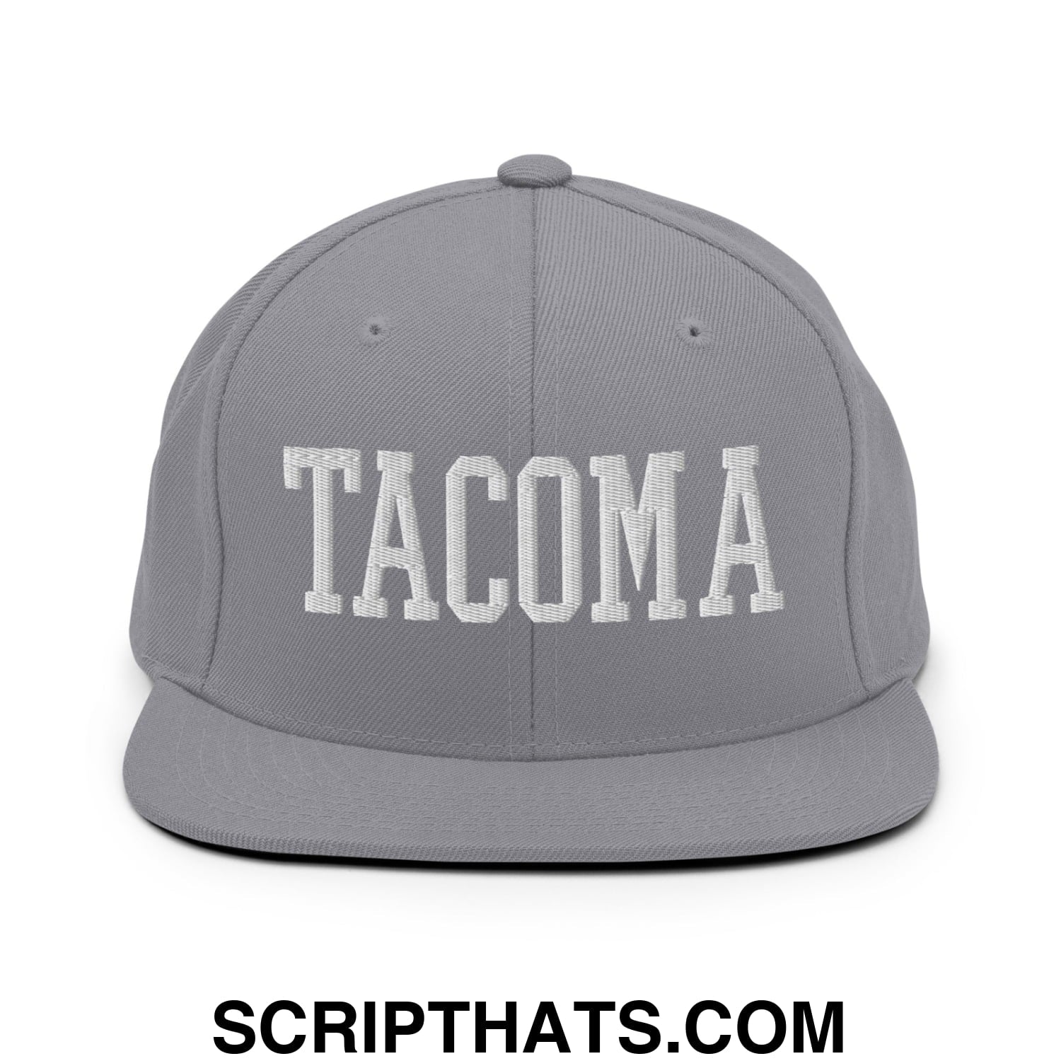 Tacoma Varisty College Block Embroidered Flat Bill Brim Snapback Hat Silver